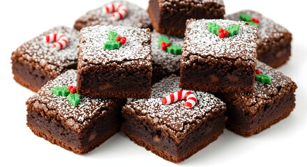 Christmas brownies topped with powdered sugar and festive decorations