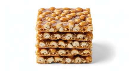 Stack of peanut brittle squares with caramel coating