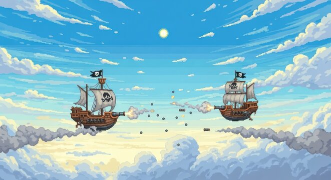 Pixelated sky battle illustration featuring pirate ships amidst clouds in the sky