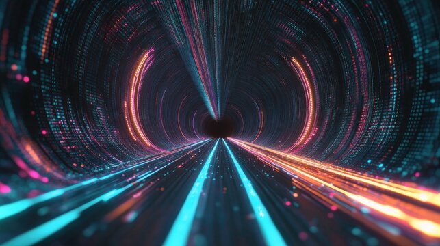 neon digital tunnel with cyan and orange glowing light trails converging to a dark vanishing point, conveying speed, motion, energy and futuristic exhilaration