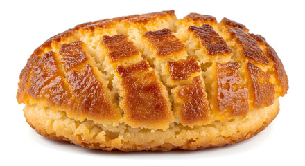 Close-up of a golden-brown baked cookie with a lattice pattern
