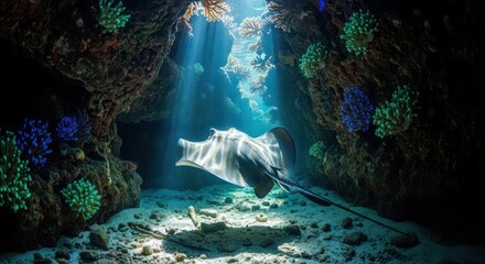 Stingray gliding through underwater cave illuminated by sunbeams and vibrant coral reefs