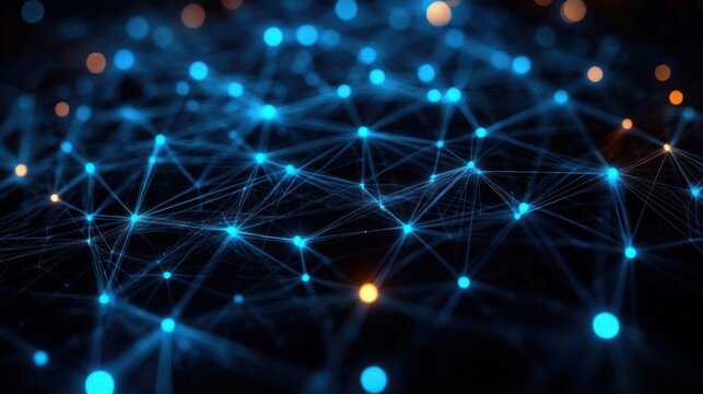 glowing blue and occasional orange nodes linked by delicate luminous lines forming an abstract web-like digital network on a dark background, evoking futuristic wonder - Powered by Adobe