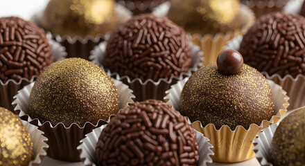 Assortment of chocolate brigadeiros with sprinkles and gold dust
