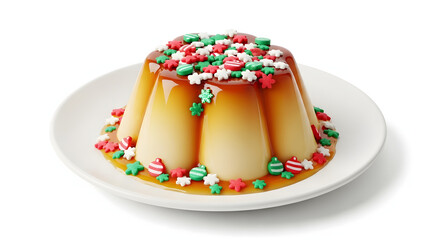 Christmas creme caramel dessert with festive sprinkles