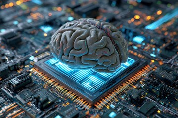 Digital evolution: bridging neural and artificial intelligence. Modern design. Brain synced with tech: data streams and detailed boards in futuristic art. High resolution. Glamour photo.