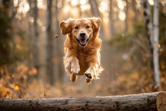 golden retriever joyfully leaping over a log in a sunlit autumn forest, ears flying and smiling face - Powered by Adobe