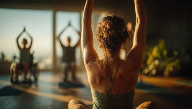 Rear view of woman practicing yoga in sunny studio with inclusive group including wheelchair user. Adaptive wellness concept. - Powered by Adobe
