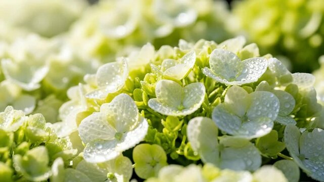 Beautiful white hydrangea flowers covered in morning dew drops. Macro view of delicate petals with fresh water droplets in a summer garden. Natural floral background for wellness concepts