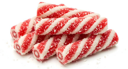 Twisted red and white candies with coconut flakes