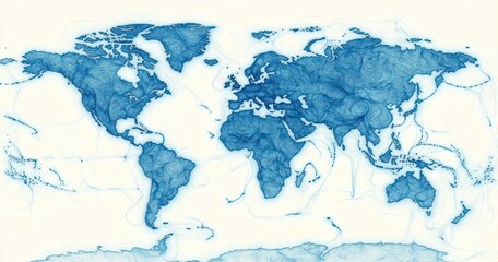 Obraz premium blue textured world map with swirling line patterns across continents and oceans, serene and contemplative global illustration