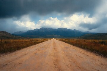 Fototapeta premium long straight dirt road stretching through grassy plains toward distant mountains under dramatic stormy clouds, evoking solitude and anticipation