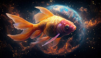 A majestic golden carp glides through deep space before a glowing planet and swirling nebula, evoking dreamy otherworldly wonder