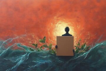 Silhouette of a person holding a blank board while standing in swirling teal waves with green plants, backlit by a glowing sun and fiery orange sky, evoking solitude and hopeful introspection