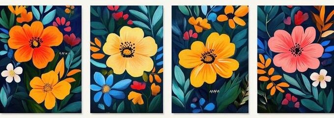 Four vibrant floral canvases featuring bold orange, yellow, pink and blue blossoms with lush teal leaves on deep blue backgrounds, cheerful whimsical botanical art