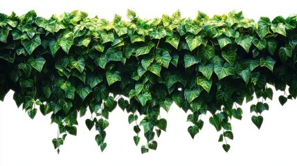 Lush trailing green ivy with heart-shaped leaves hanging against a bright white background, evoking fresh calm and vibrant natural energy