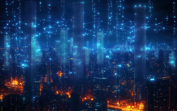 futuristic nighttime city skyline with glowing skyscrapers and orange street lights linked by a luminous blue digital network, evoking awe and high-tech connectivity - Powered by Adobe