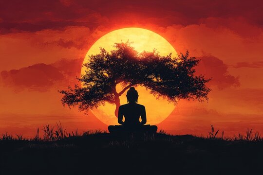 Silhouette of a meditating figure seated cross-legged under a broad tree against a massive glowing sun at a fiery orange sunset, evoking peace and deep contemplation