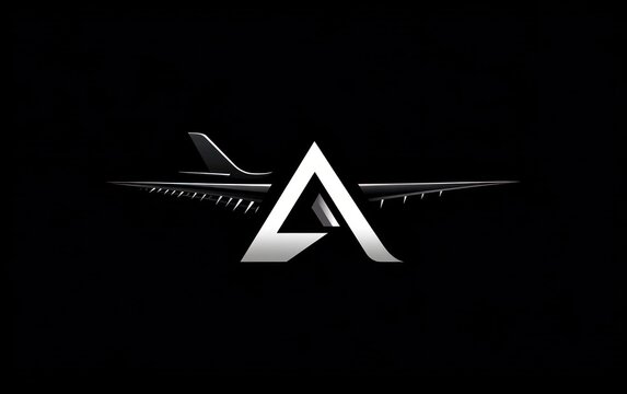 Metallic triangle emblem fused with airplane silhouette and outstretched wings on black background, conveying speed, precision and modern aviation elegance - Powered by Adobe