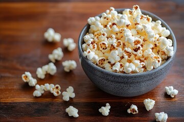 Heaping bowl of freshly popped popcorn in a gray ceramic bowl on a wooden table with scattered kernels, warm inviting and cozy snack scene