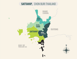 Map showing Sattahip District Chon Buri Thailand divided into sub-districts with minimalist colorful patterns