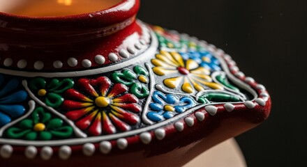 Hand painted terracotta candle holder with floral design.