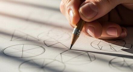 Hand sketching geometric shapes with pencil on white paper.