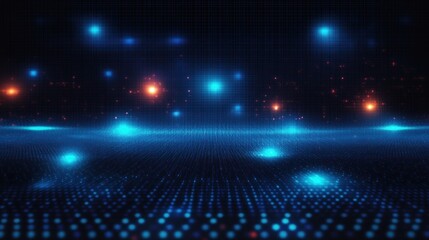 Glowing blue digital grid plane with scattered cyan and orange light nodes, floating particles and a deep futuristic, mysterious atmosphere