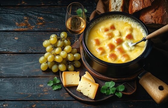 Creamy melted cheese fondue in a black pot with toasted bread cubes, sliced cheese, a bunch of green grapes and a glass of white wine on a dark rustic wooden table, warm inviting scene