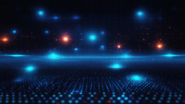Glowing blue digital grid plane with scattered cyan and orange light nodes, floating particles and a deep futuristic, mysterious atmosphere - Powered by Adobe