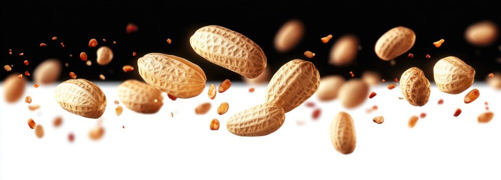 Peanuts in shells and scattered crunchy fragments suspended midair over a bold black and white background, conveying energetic motion and crisp texture
