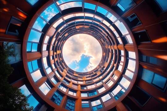 looking up through a circular atrium of a modern apartment building with concentric balconies and blue sky, evoking awe and vertigo - Powered by Adobe