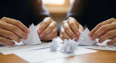 Hands crumpling paper in frustration, symbolizing creative block and stress.