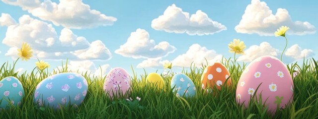 Colorful painted eggs nestled in green grass with yellow daisies under a bright blue sky and fluffy clouds, evoking cheerful springtime joy