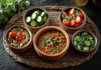 five-bowl rustic spread of tomato stew, mixed vegetable salads, sliced cucumbers and halved cherry tomatoes topped with fresh cilantro on a woven placemat — inviting and appetizing