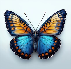 Obraz premium Vibrant blue and orange butterfly with outstretched wings on soft pale background, symmetrical and majestic