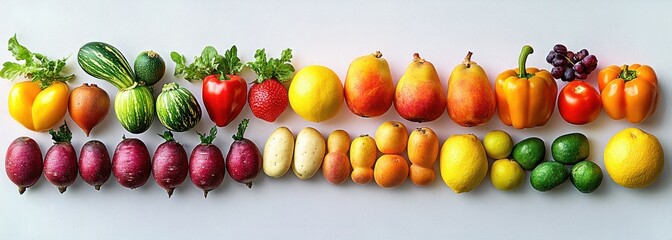 Two neat rows of assorted colorful fruits and vegetables on a white background, including bell peppers, squash, pears, citrus, berries, potatoes and grapes in a bright cheerful display