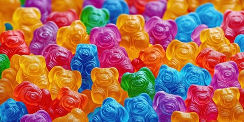 close-up pile of colorful gummy bear candies in a bright, playful assortment, cheerful and whimsical sweet treats