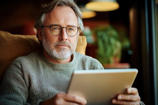 man in a cozy sweater sitting in an armchair by a window holding a tablet, warm lamp and potted plant in the background, relaxed and focused