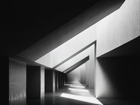 Minimalist concrete corridor with angled skylights, repeating pillars and dramatic diagonal beams of light creating geometric shadows and a calm contemplative atmosphere