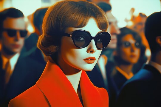 Person in bright orange coat with high collar and white turtleneck standing among formally dressed crowd, warm cinematic light, contemplative and solemn mood