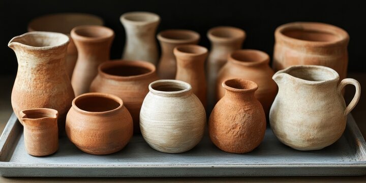 assortment of small terracotta and ceramic jugs, pitchers and vases on a painted tray, rustic handmade pottery collection with warm calm cozy atmosphere