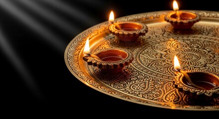 Illuminated Clay Diyas on Ornate Brass Tray.