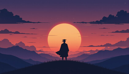 Graduate Standing on a Mountain at Sunset