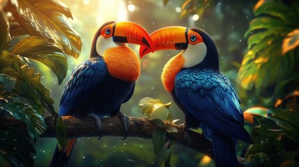 Obraz premium Two vibrant toucans with touching orange beaks perched on a mossy branch in a sunlit tropical rainforest, surrounded by lush green leaves and a tender, serene atmosphere