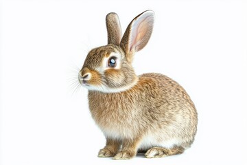 Fototapeta premium fluffy brown rabbit sitting on white background with alert curious expression