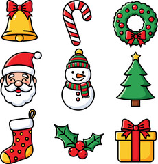 Cute Cartoon Christmas Sticker Set Vector