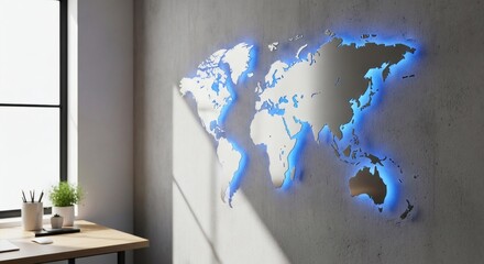 Illuminated World Map On Concrete Wall Modern Workspace Decor