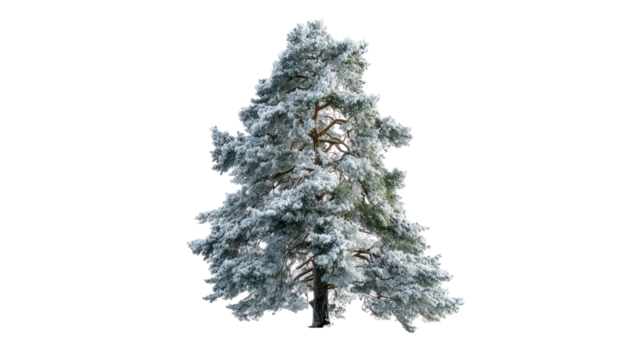 Snow covered evergreen tree isolated on transparent background