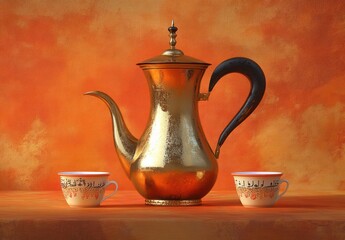 Antique golden coffee pot with ornate curved handle and long spout flanked by two small decorated cups with calligraphic script on a warm textured orange backdrop, inviting hospitality